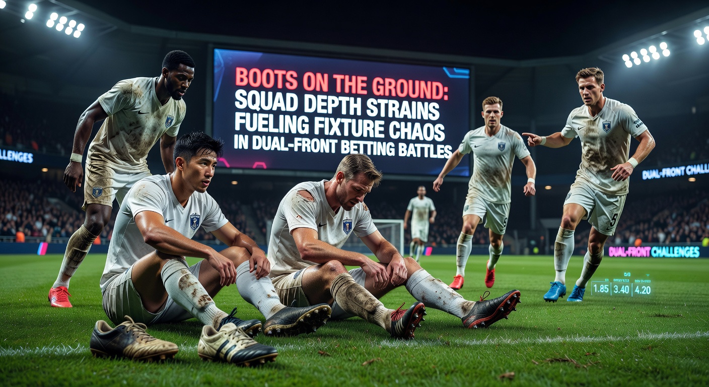 A weary footballer lacing up boots amid a cluttered fixture schedule, symbolizing squad depth pressures in multi-competition battles