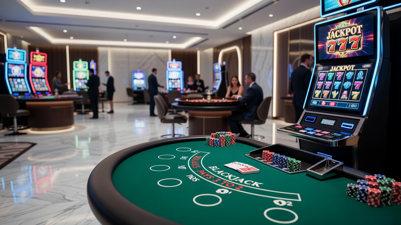 Array of classic and digital casino gaming tables with roulette wheels and slot machines