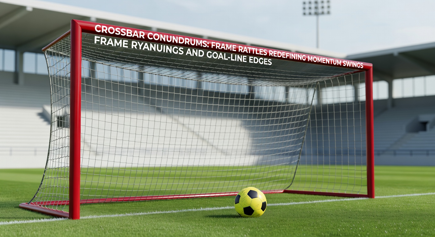 A tense Premier League moment where a powerful shot cannons off the crossbar, leaving players and fans in suspense as the ball bounces away from goal