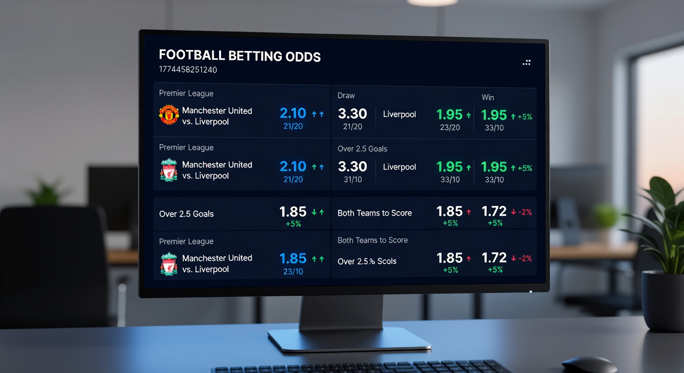 Close-up of a bookmaker's trading desk with multiple screens displaying live football odds adjustments during a tense match moment