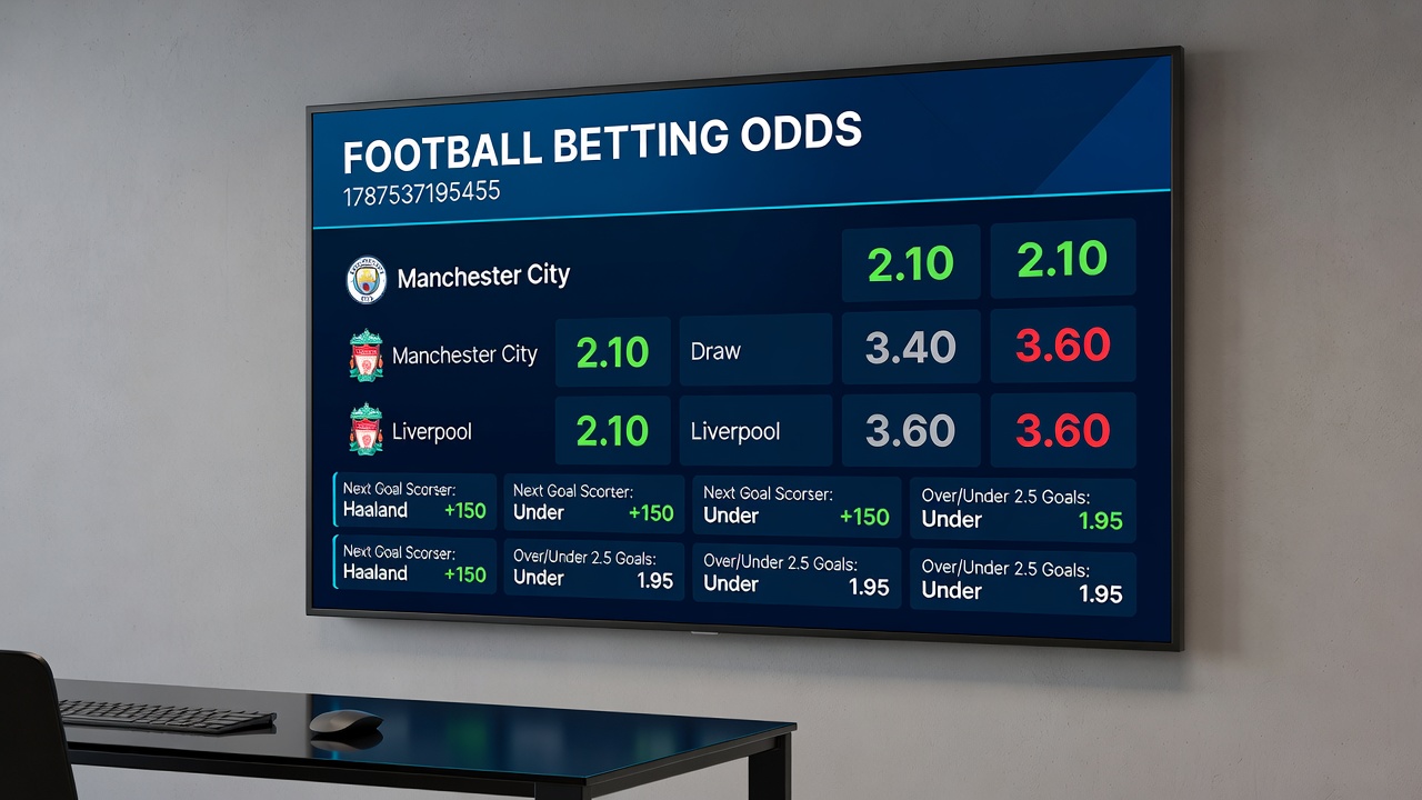 Analysts reviewing football statistics and betting market data on multiple screens