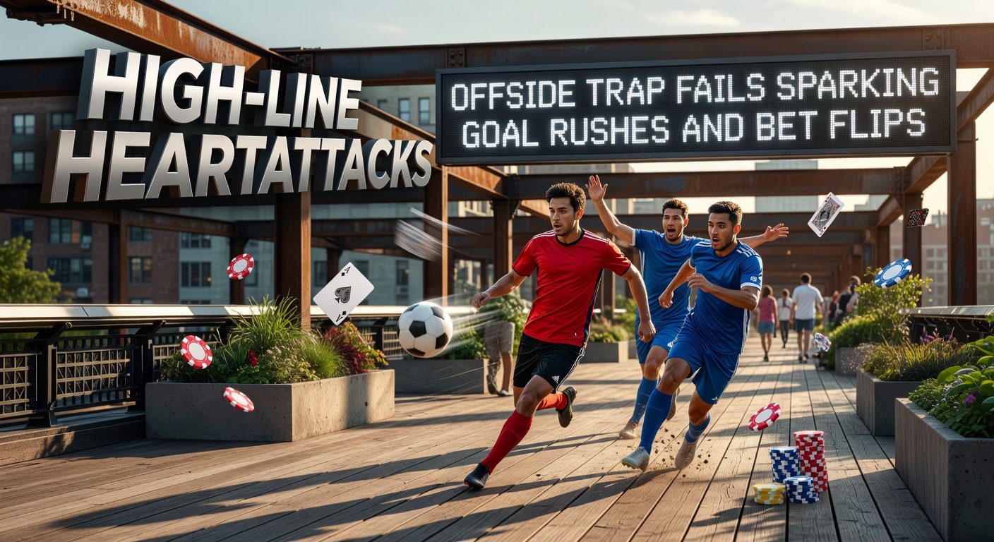 A defender steps up aggressively in a high defensive line during a tense Premier League match, moments before an offside trap fails and a counter-attack ensues