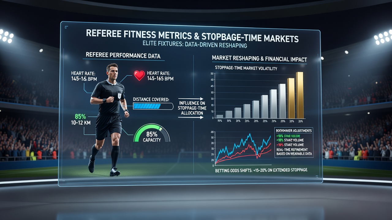Digital dashboard displaying referee performance metrics and stoppage time adjustments in a control room