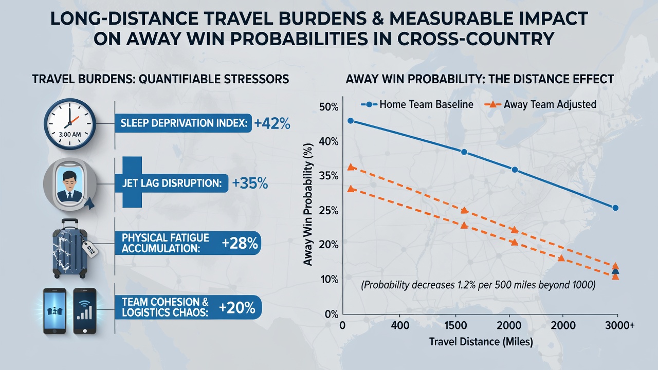 Graph depicting statistical decline in away team win rates correlated with increasing travel distances in cross-country leagues