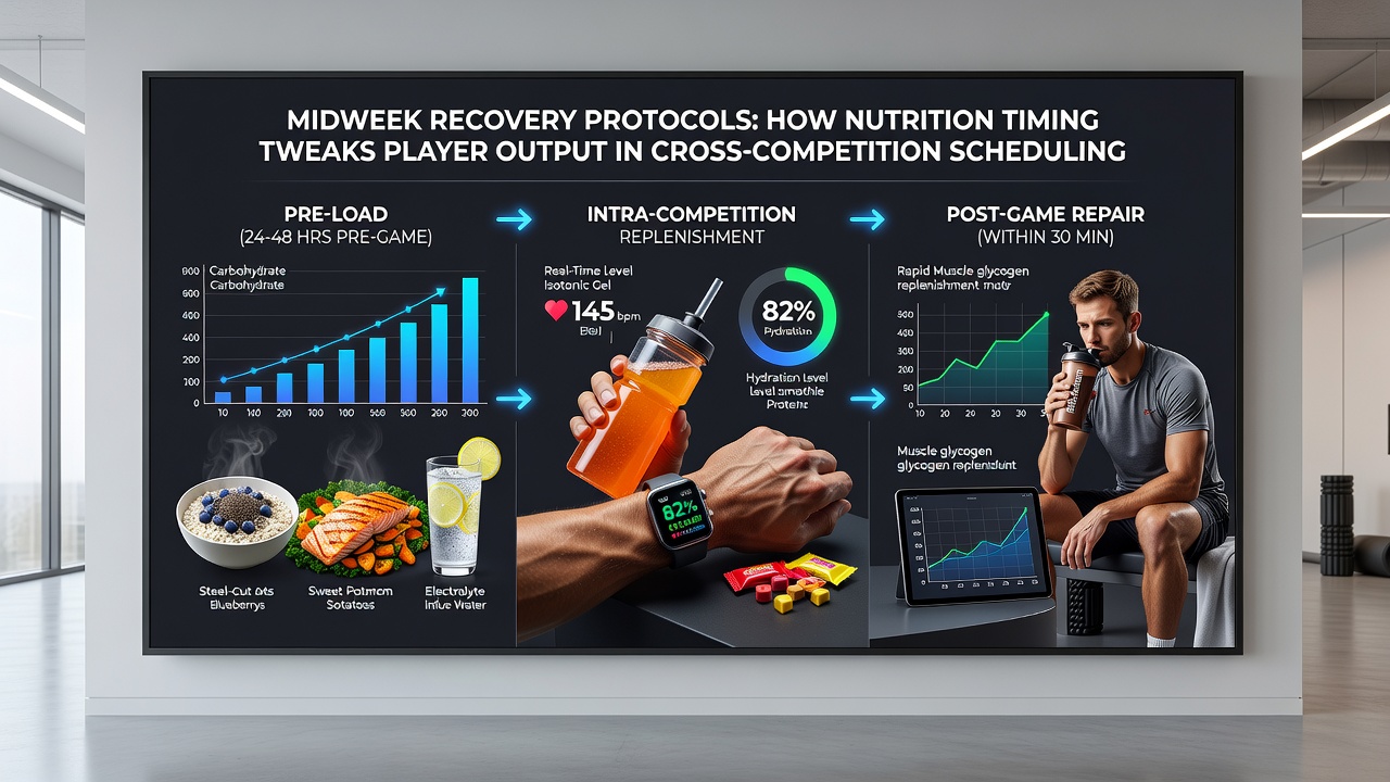 Sports nutritionist preparing timed recovery meals for a squad managing back-to-back fixtures in June 2026
