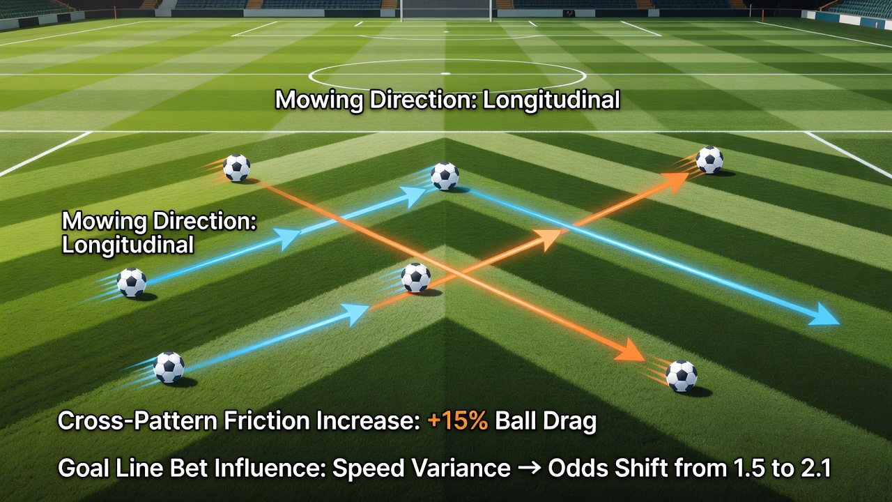 Close-up view of Premier League turf showing maintenance patterns and ball roll direction