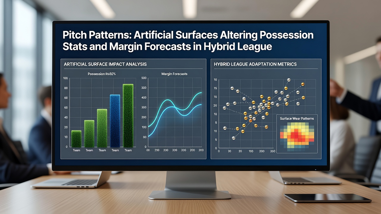 Coaches reviewing possession heatmaps comparing artificial and natural grass fixtures in a hybrid schedule