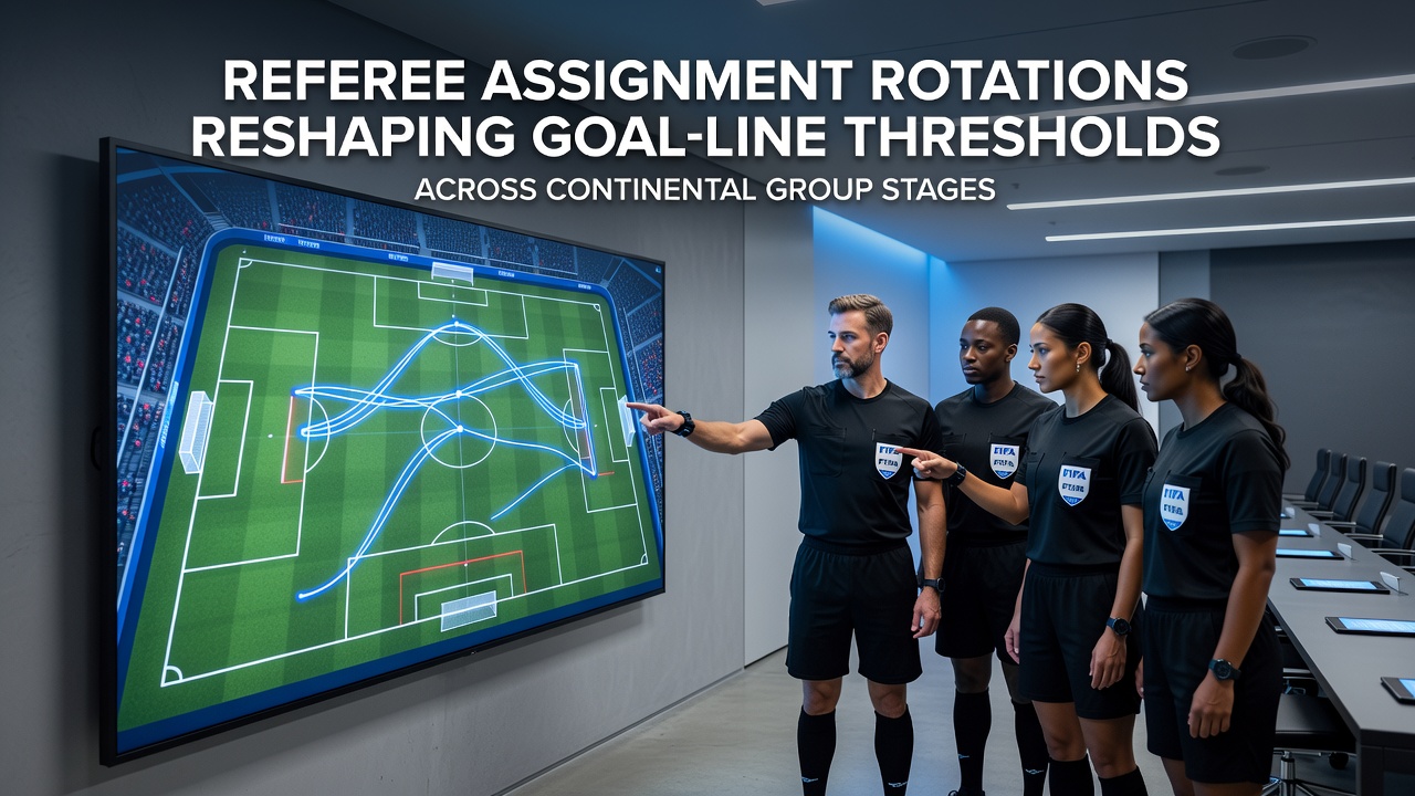 Referee reviewing goal-line technology during a continental group stage match