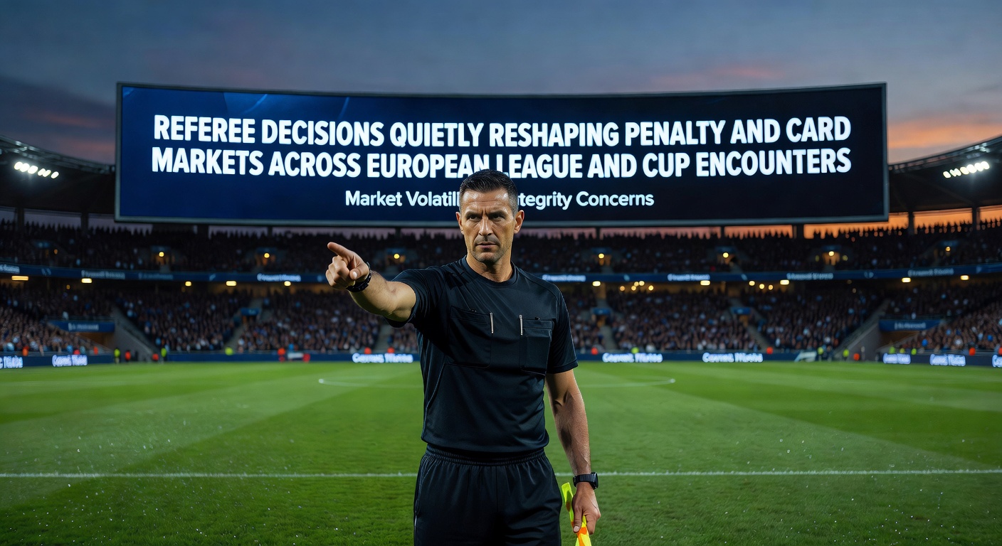 Referee signaling a penalty kick during a European league match with VAR officials reviewing footage in the background