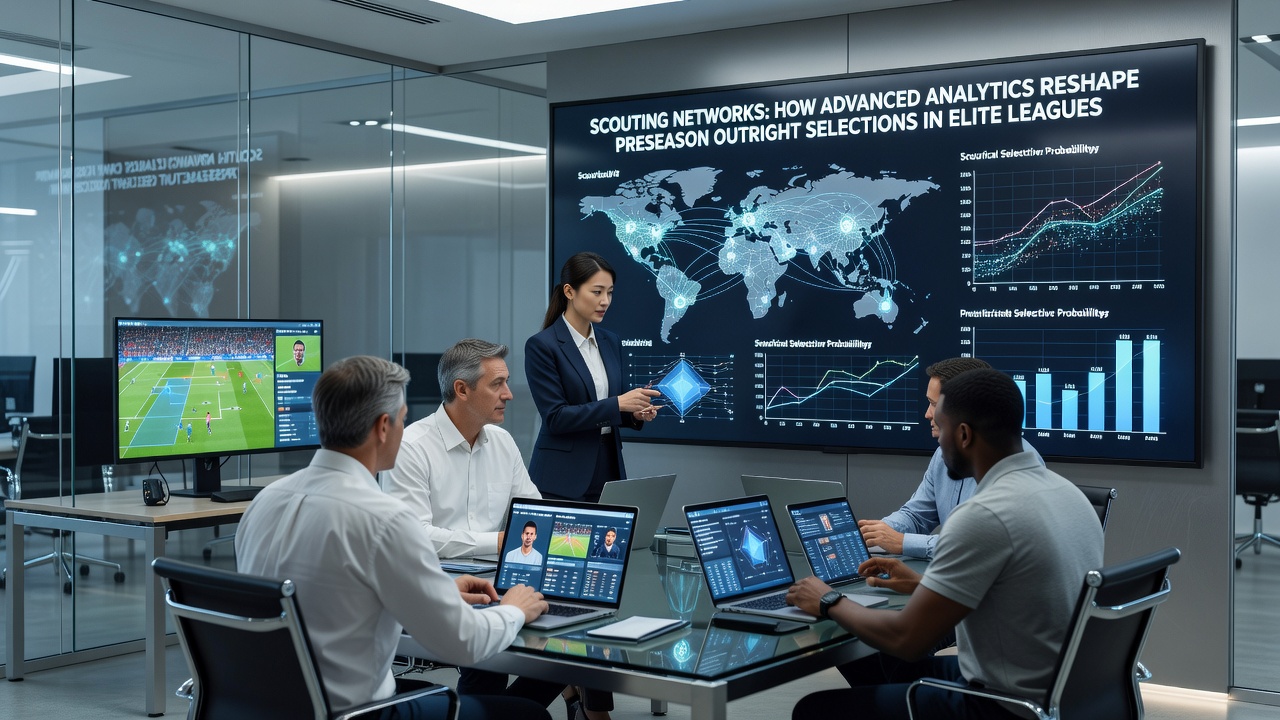 Scouting network analysts reviewing player heatmaps and performance projections during elite league preseason evaluations