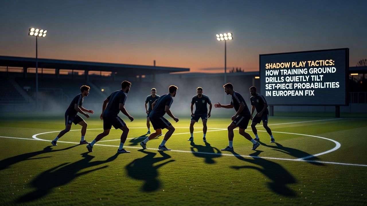 Players executing coordinated runs during a shadow set-piece drill on an outdoor European pitch