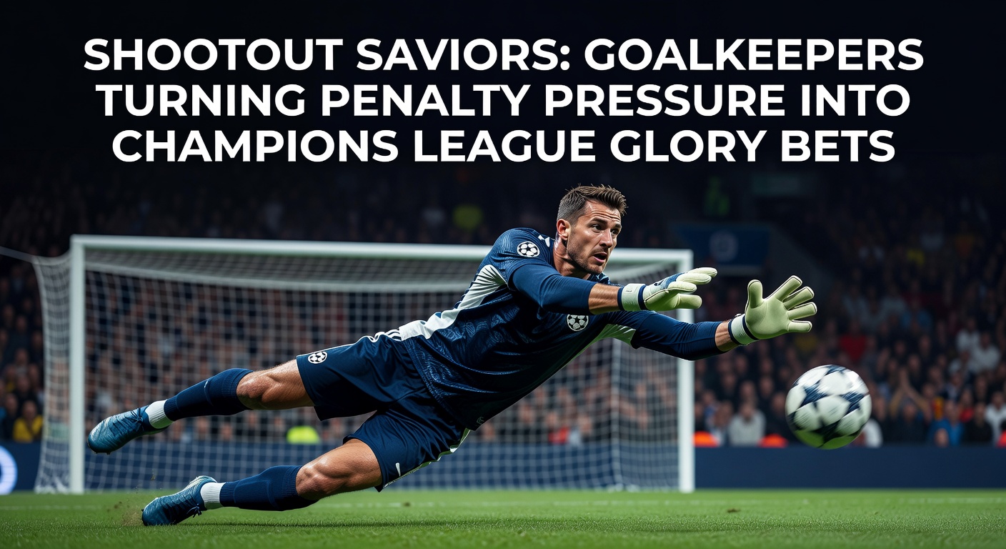 A Champions League goalkeeper dives to save a crucial penalty during a tense shootout, spotlights glaring as the crowd erupts