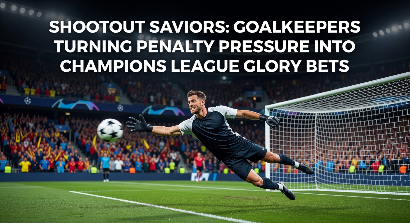Intense Champions League penalty shootout scene with a goalkeeper celebrating a save amid roaring fans and flashing lights