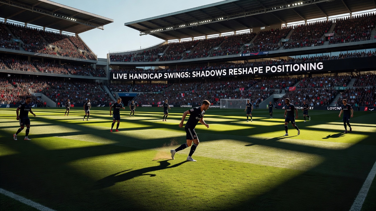 Architectural shadows cast across a packed European football stadium pitch during an evening match, highlighting how stands and structures alter visibility and player movement patterns