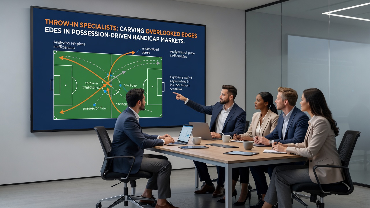 Coaching staff analyzing throw-in statistics on tablets during a half-time break with betting market overlays visible