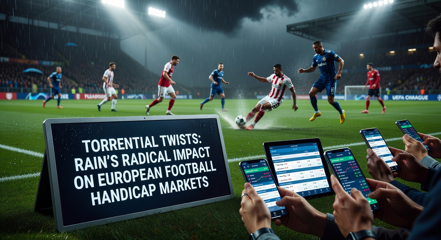 A rain-drenched football pitch in Europe with players slipping on the wet surface during a high-stakes match