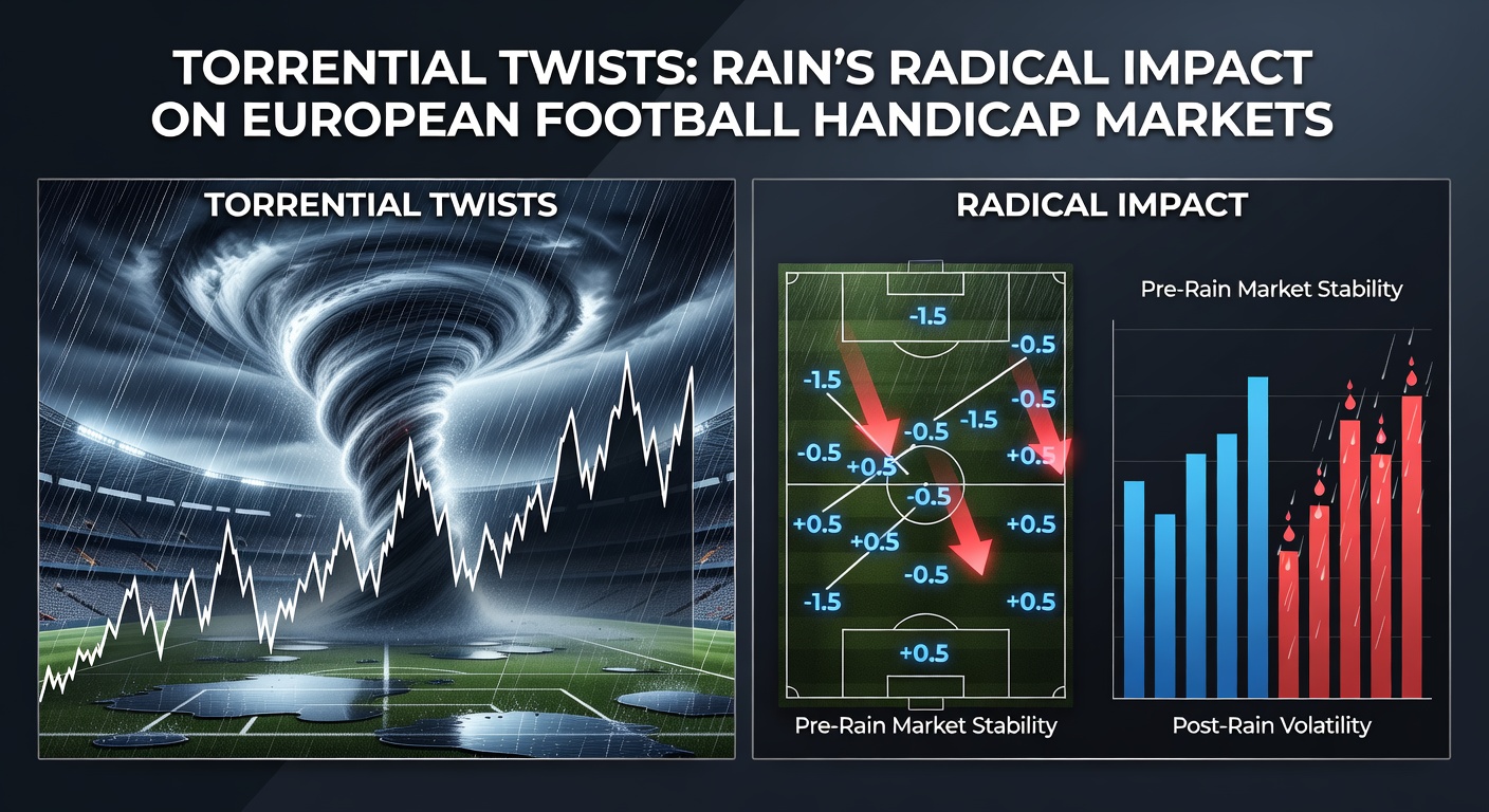 Bookmakers adjusting odds on digital screens as rain intensifies during a European league fixture, showing shifting handicap lines