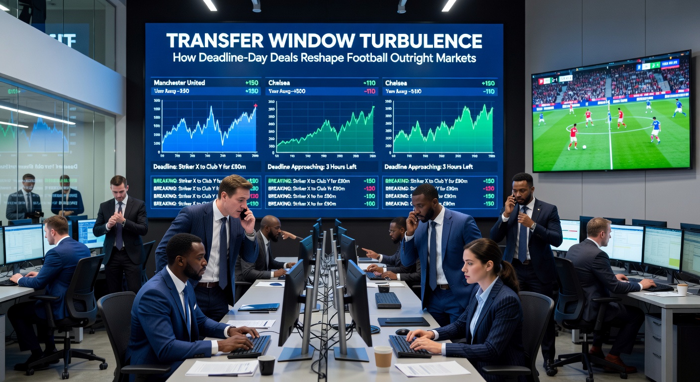 A bustling transfer deadline day scene with agents on phones, club badges, and fluctuating odds screens in the background