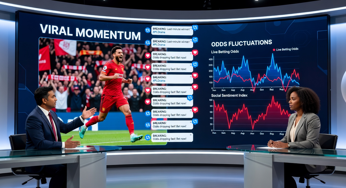 A smartphone screen displaying viral Premier League memes and tweets exploding with reactions during a high-stakes match, overlaid with fluctuating betting odds graphs