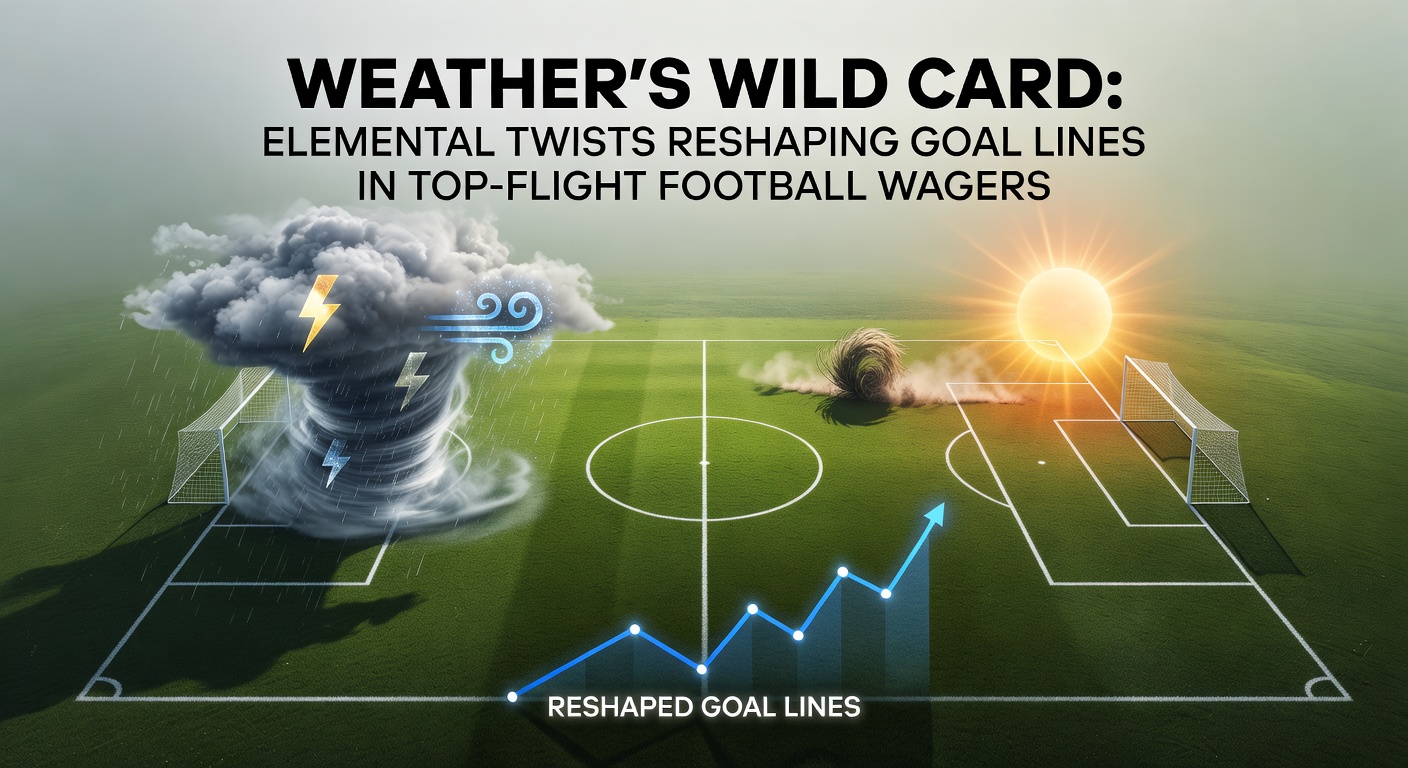 Players battling fierce winds during a Champions League knockout tie, with a deflected shot soaring toward the goal amid swirling conditions